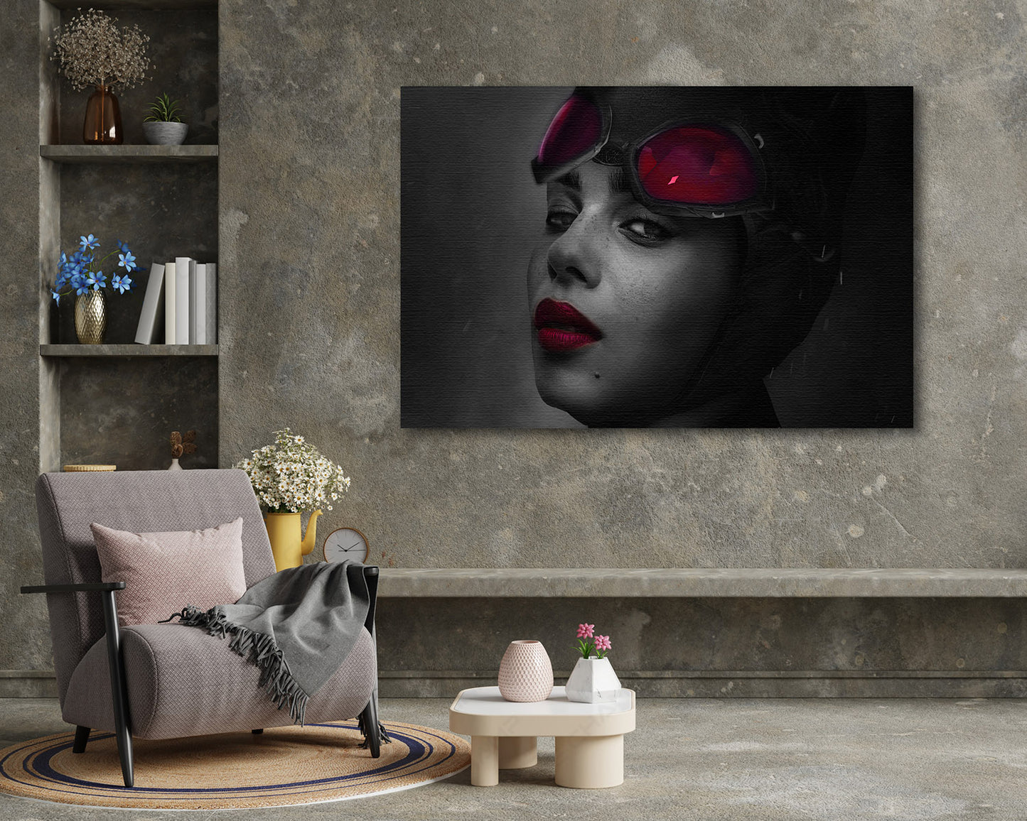 Catwoman in The Batman Canvas Wall Decor Above Accent Chair in a Modern Movie Room or Entertainment Space