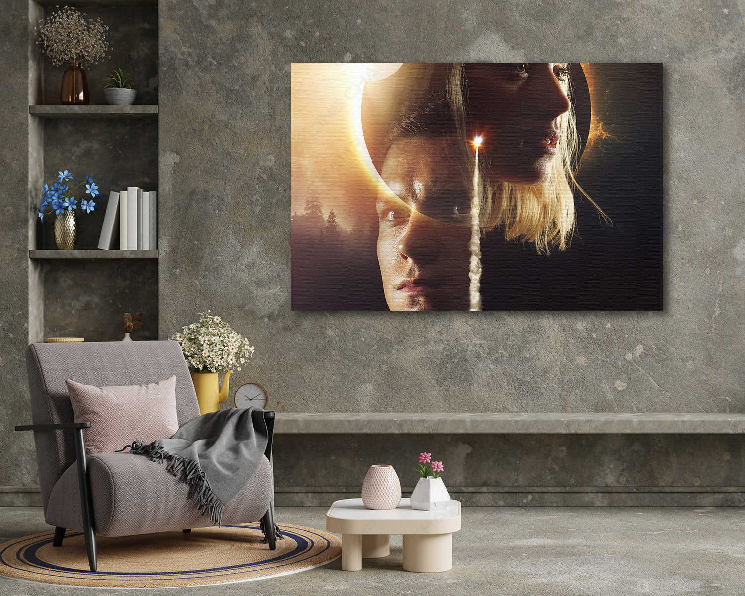 Chaos Walking Canvas Print Above Accent Chair in a Modern Movie Room or Reading Space