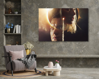 Chaos Walking Canvas Print Above Accent Chair in a Modern Movie Room or Reading Space