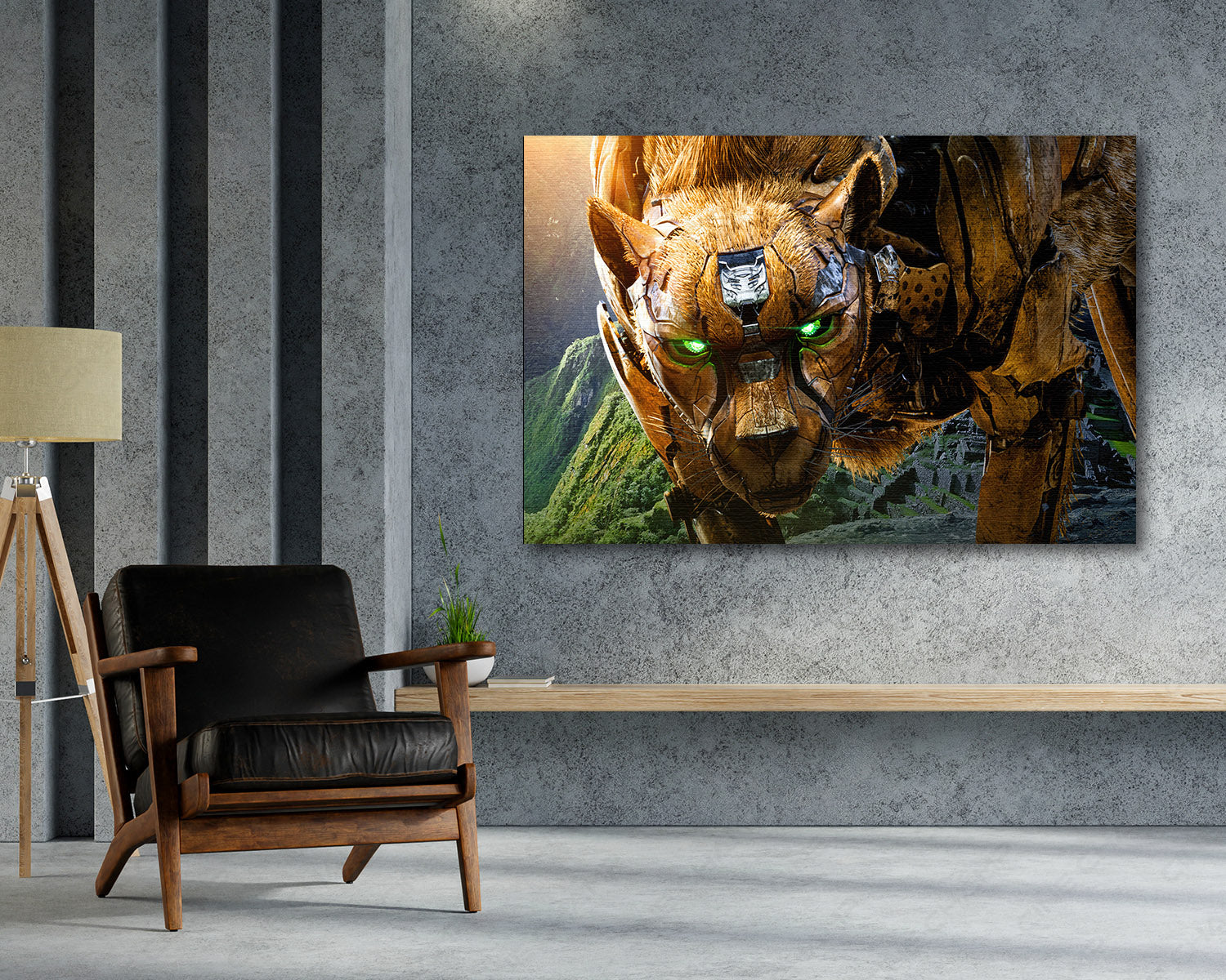 Cheetor Transformers Rise of the Beasts Canvas Print Above Accent Chair in a Modern Movie Room or Gaming Space