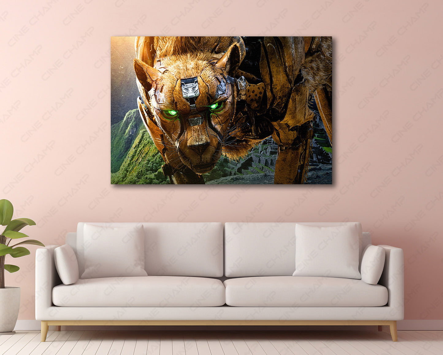 Cheetor Transformers Rise of the Beasts Canvas Print Displayed in a Contemporary Living Room Interior