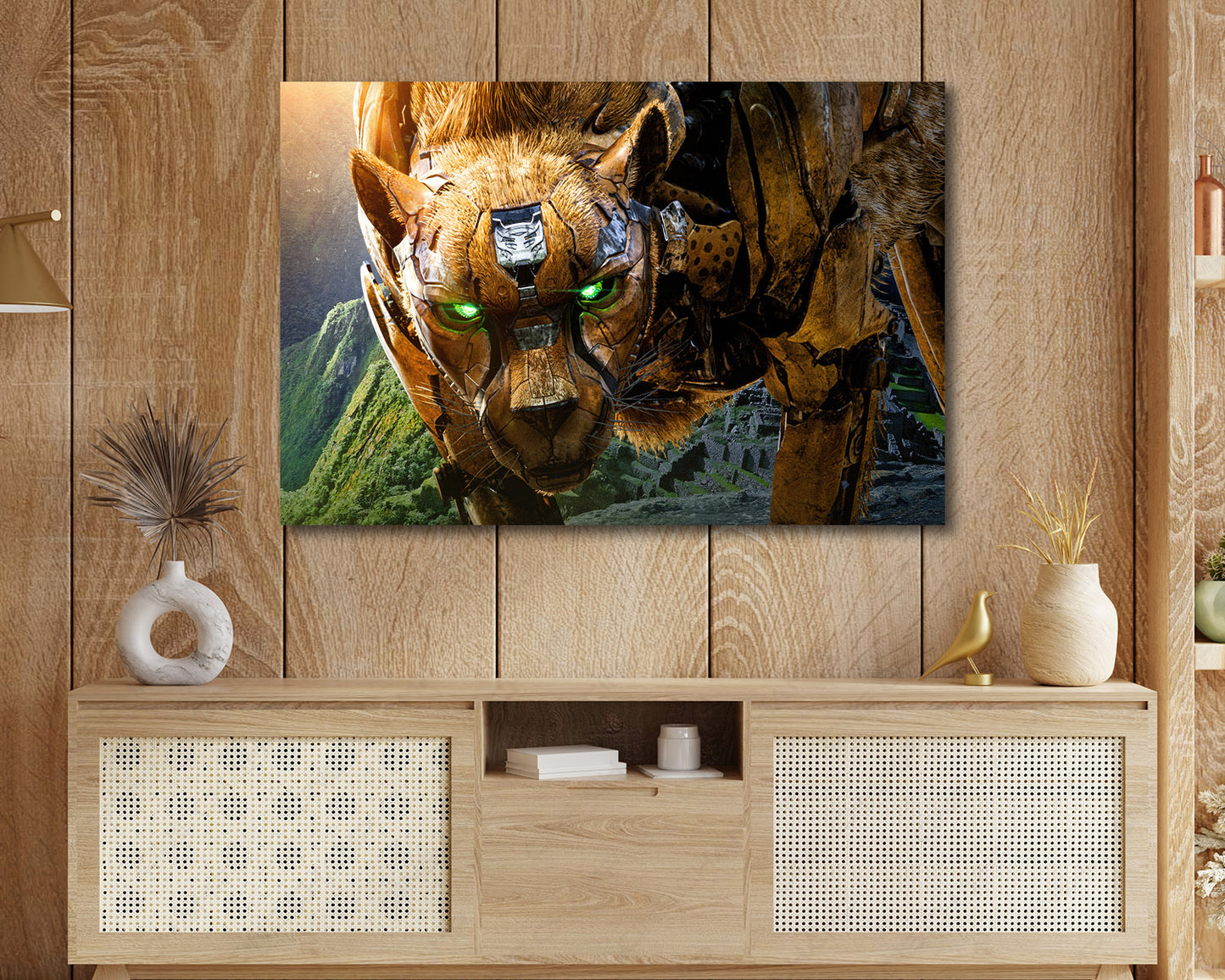 Cheetor Transformers Rise of the Beasts Canvas Print Displayed on a Cabinet Wall in a Modern Interior