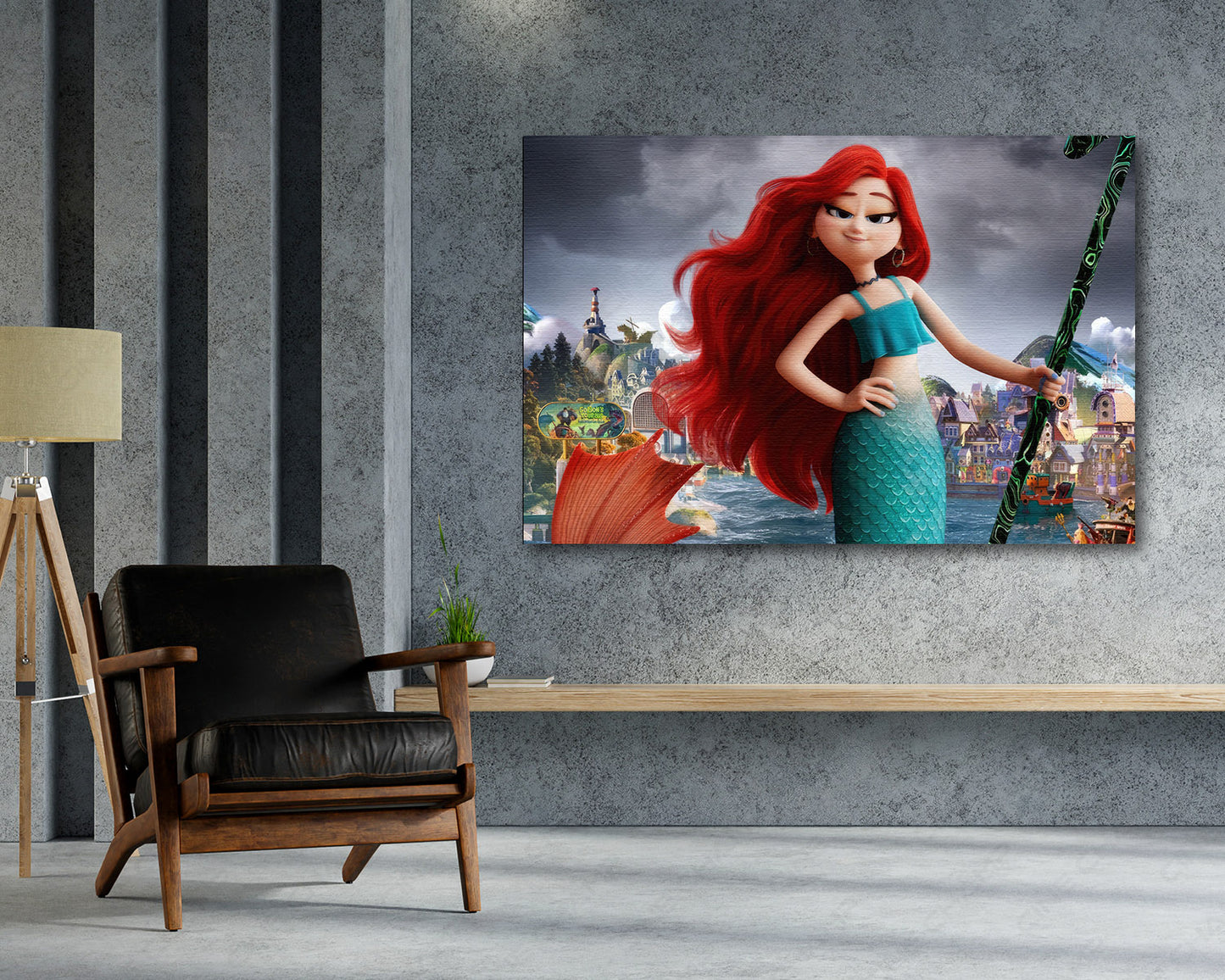 Chelsea the Mermaid in Ruby Gillman Teenage Kraken Canvas Print Above Accent Chair in a Modern Kids Room or Entertainment Space