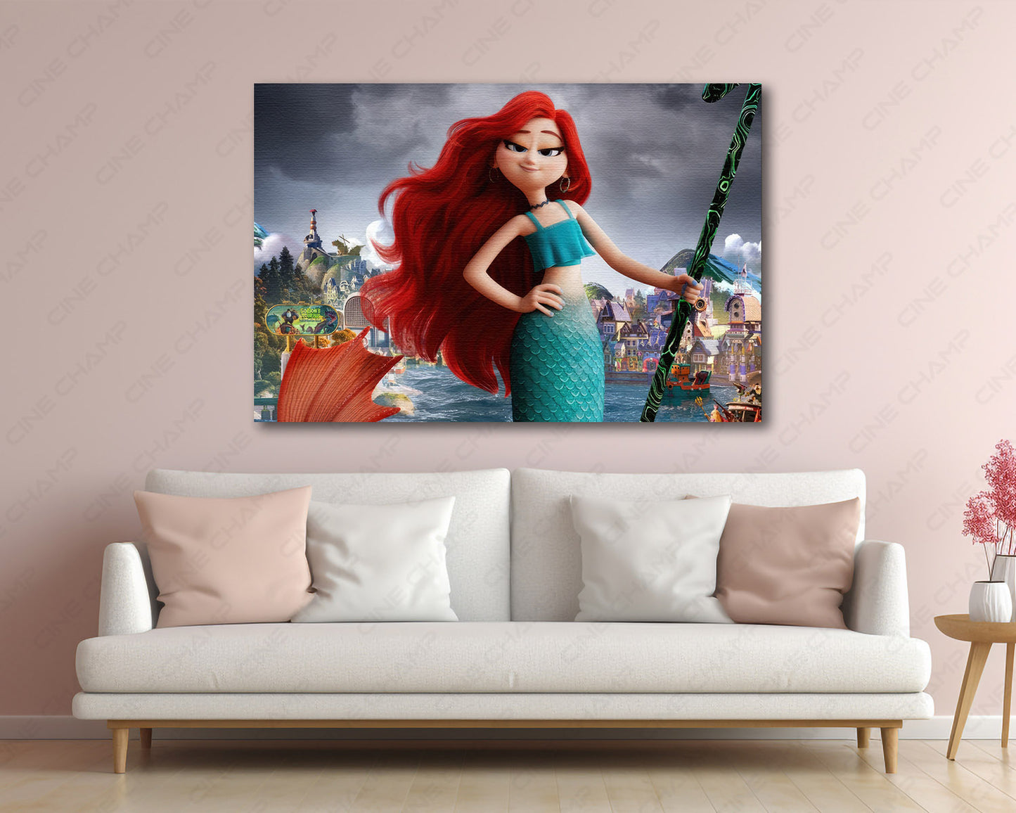 Chelsea the Mermaid in Ruby Gillman Teenage Kraken Canvas Print Displayed in a Contemporary Living Room Interior
