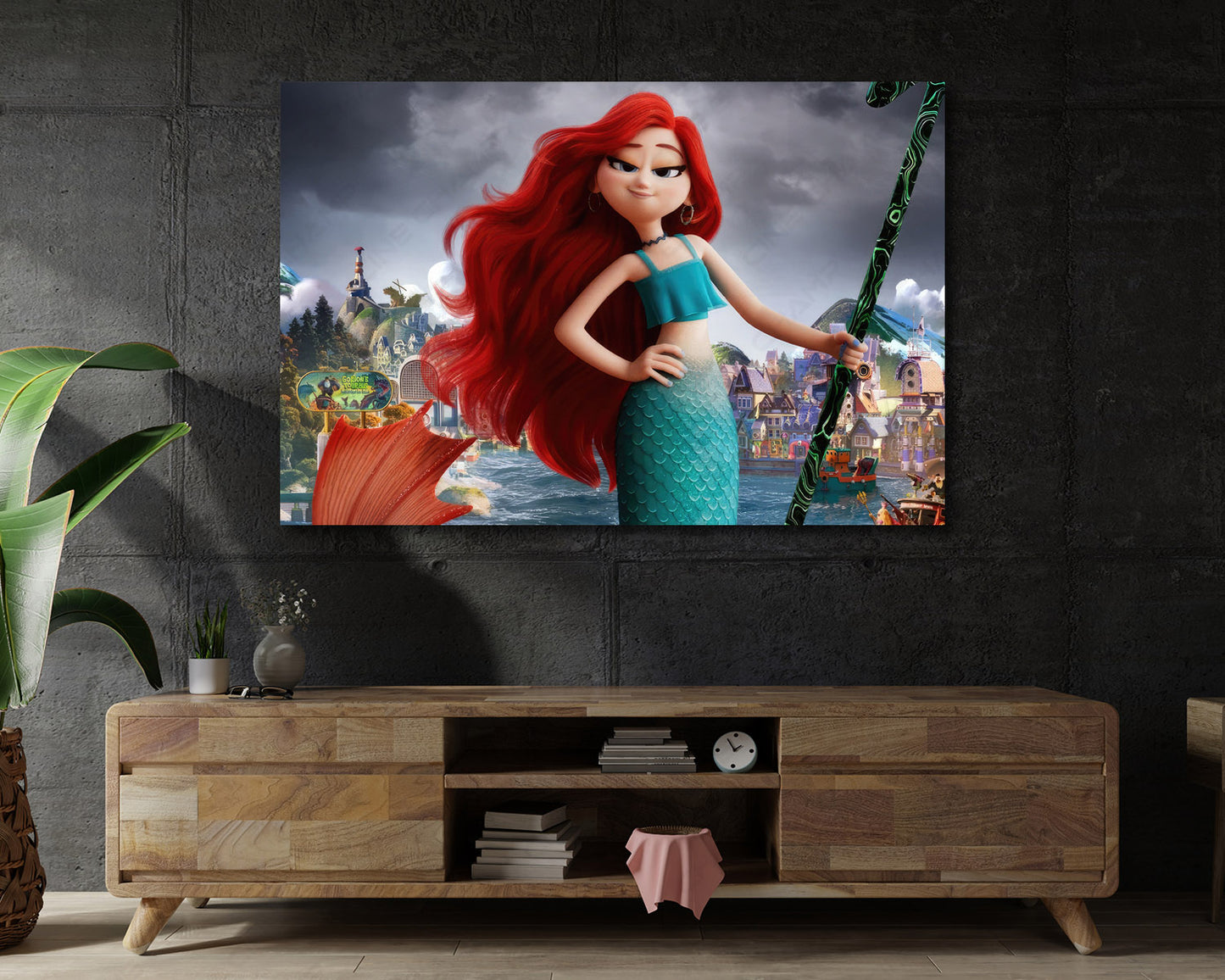 Chelsea the Mermaid in Ruby Gillman Teenage Kraken Canvas Print Displayed on a Cabinet Wall in a Modern Interior