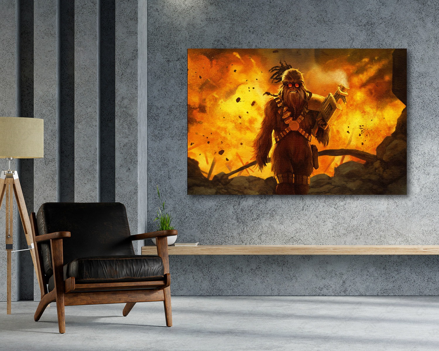 Chewbacca Canvas Print Above Accent Chair in a Modern Movie Room or Gaming Space
