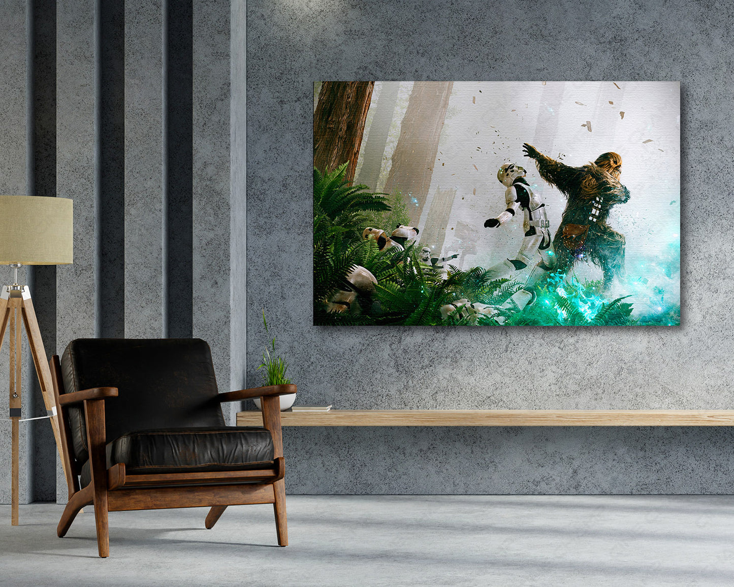 Chewbacca Fight Stormtroopers Canvas Print Above Accent Chair in a Modern Movie Room or Gaming Space