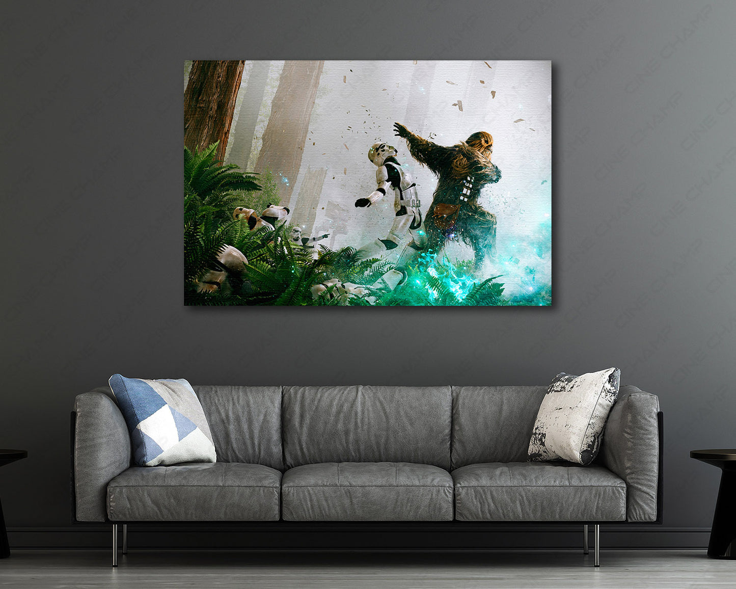 Chewbacca Fight Stormtroopers Canvas Print Displayed in a Contemporary Living Room Interior