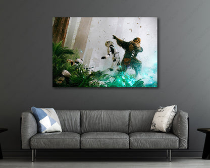 Chewbacca Fight Stormtroopers Canvas Print Displayed in a Contemporary Living Room Interior