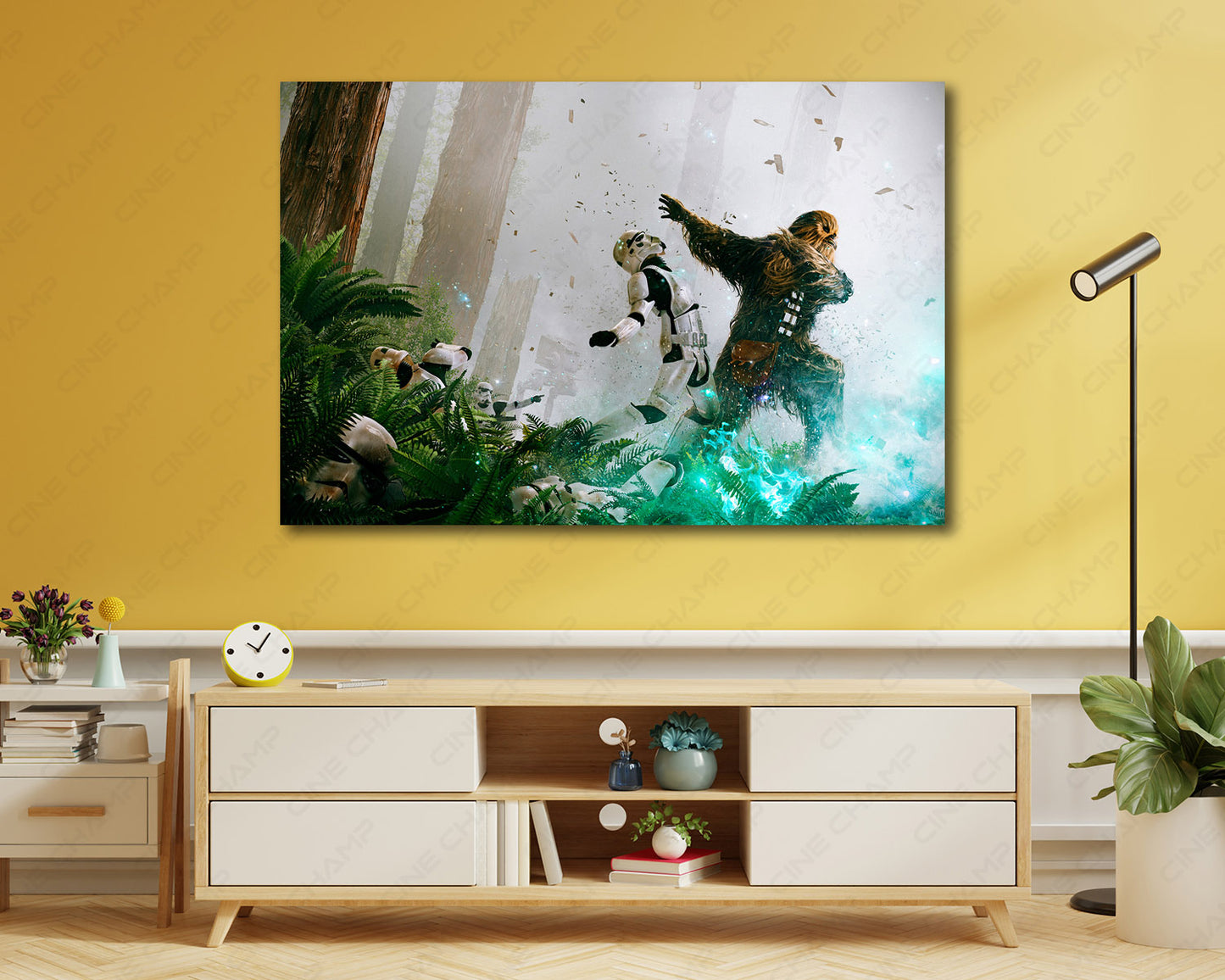 Chewbacca Fight Stormtroopers Canvas Print Displayed on a Cabinet Wall in a Modern Interior