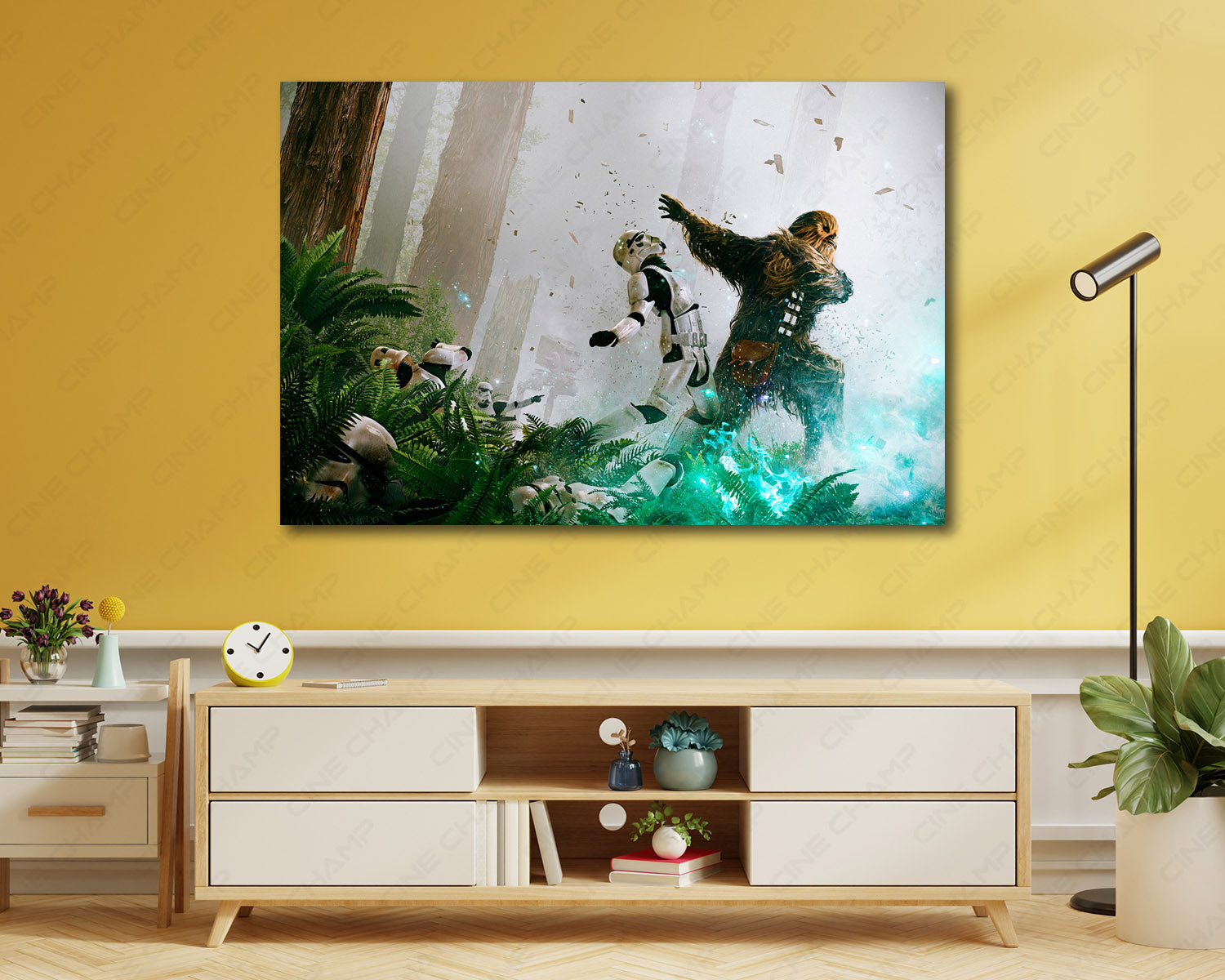 Chewbacca Fight Stormtroopers Canvas Print Displayed on a Cabinet Wall in a Modern Interior