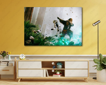 Chewbacca Fight Stormtroopers Canvas Print Displayed on a Cabinet Wall in a Modern Interior