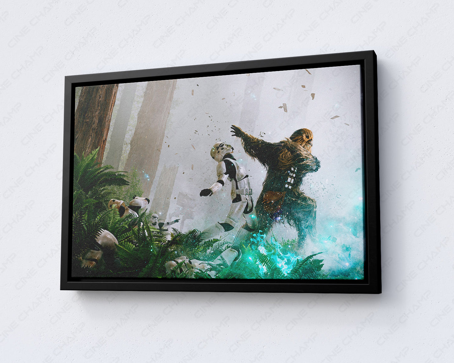 Chewbacca Fight Stormtroopers Canvas Print with Black Floating Frame for Modern Home and Entertainment Room Decor