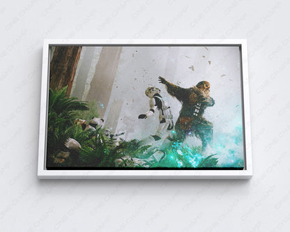 Chewbacca Fight Stormtroopers Canvas Print with White Floating Frame for Stylish Star Wars-Themed Wall Decoration