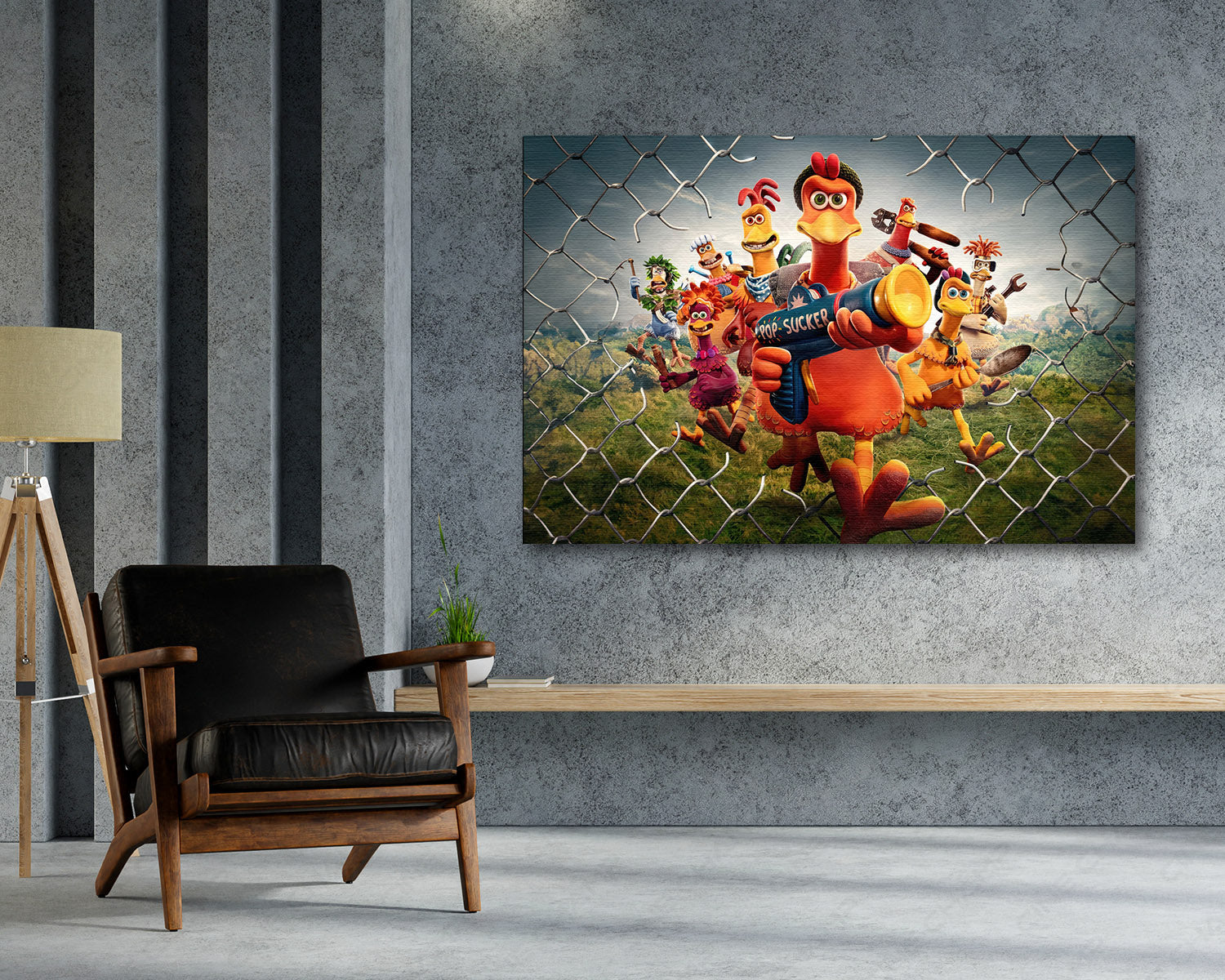 Chicken Run: Dawn of the Nugget Canvas Print Above Accent Chair in a Modern Kids Room or Entertainment Space