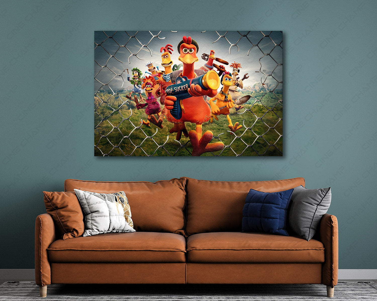 Chicken Run: Dawn of the Nugget Canvas Print Displayed in a Contemporary Living Room Interior