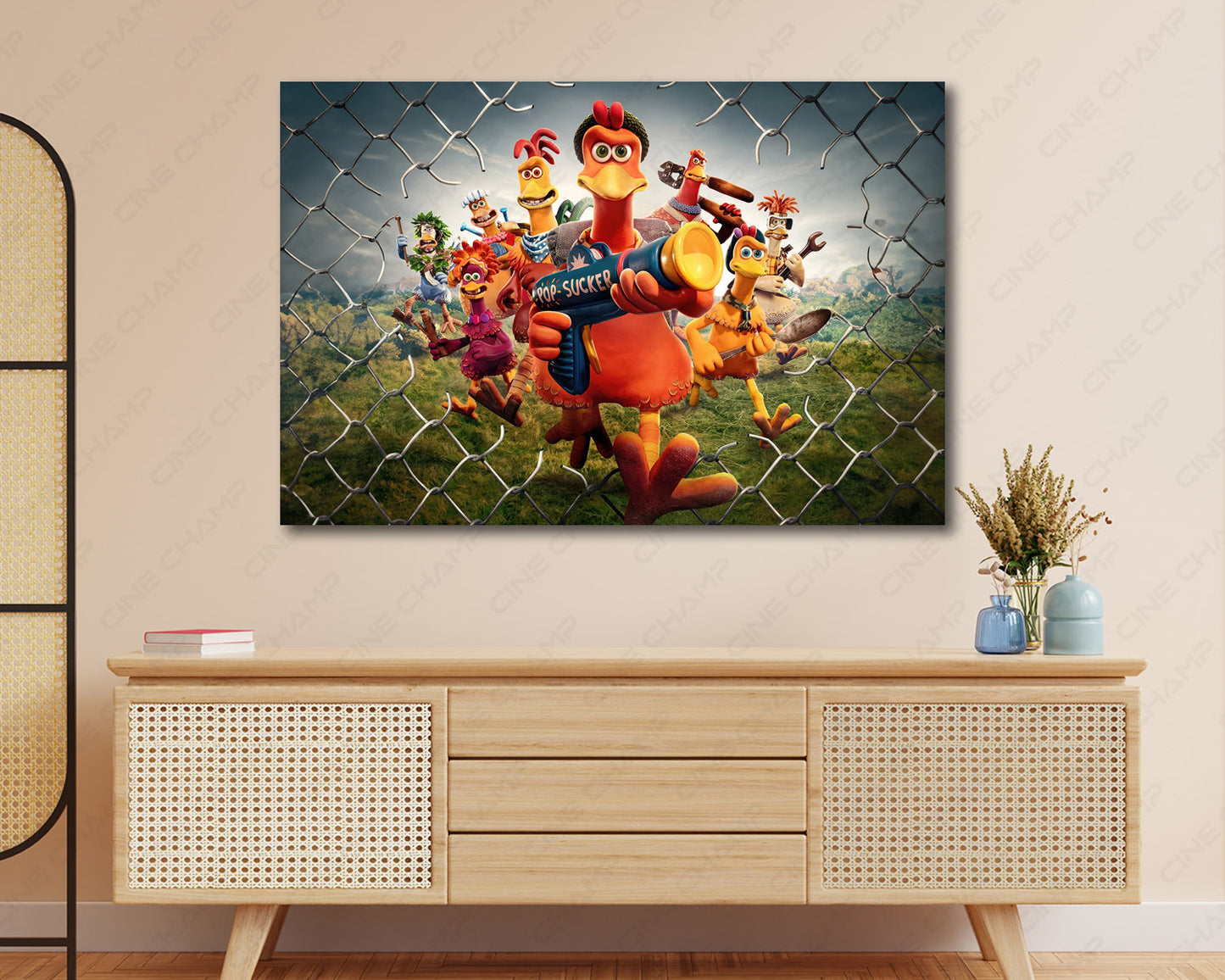 Chicken Run: Dawn of the Nugget Canvas Print Displayed on a Cabinet Wall in a Modern Interior