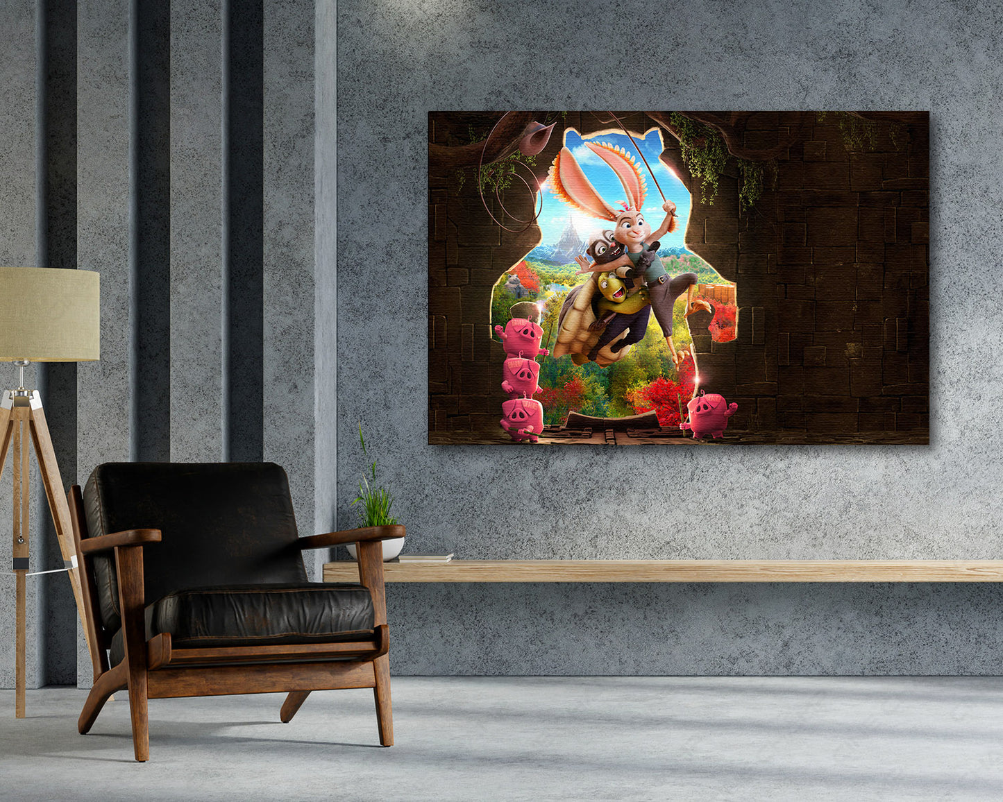 Chickenhare and the Hamster of Darkness Canvas Print Above Accent Chair in a Modern Kids Room or Entertainment Space