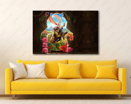 Chickenhare and the Hamster of Darkness Canvas Print Displayed in a Contemporary Living Room Interior