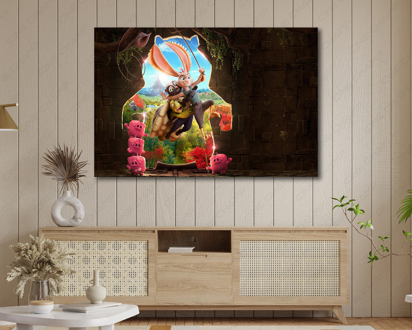 Chickenhare and the Hamster of Darkness Canvas Print Displayed on a Cabinet Wall in a Modern Interior