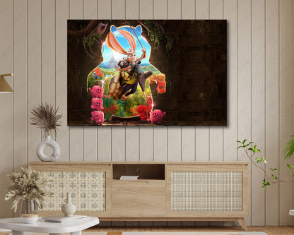 Chickenhare and the Hamster of Darkness Canvas Print Displayed on a Cabinet Wall in a Modern Interior