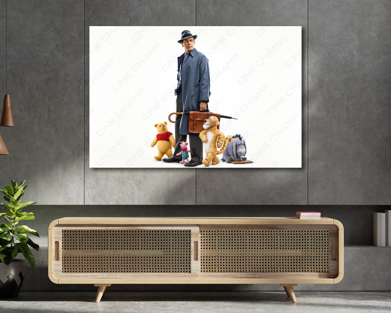 Christopher Robin Canvas Print Displayed on a Cabinet Wall in a Modern Interior