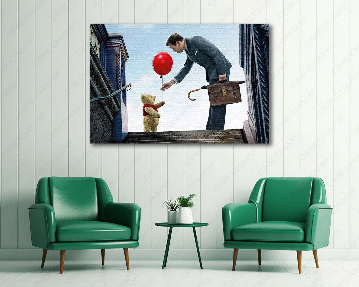 Christopher Robin and Winnie the Pooh Canvas Print Above Accent Chair in a Cozy Reading Room or Kids Room