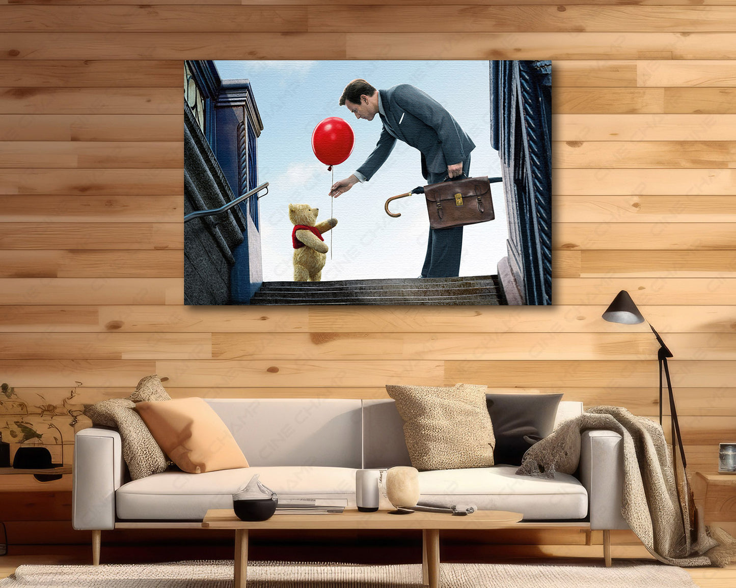Christopher Robin and Winnie the Pooh Canvas Print Displayed in a Contemporary Living Room Interior