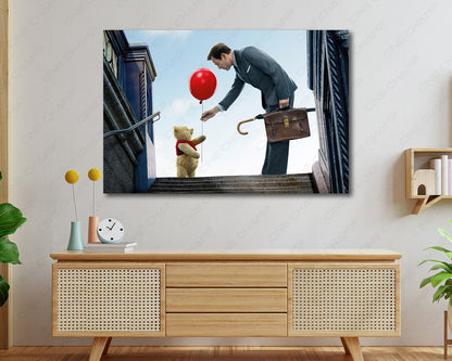 Christopher Robin and Winnie the Pooh Canvas Print Displayed on a Cabinet Wall in a Modern Interior