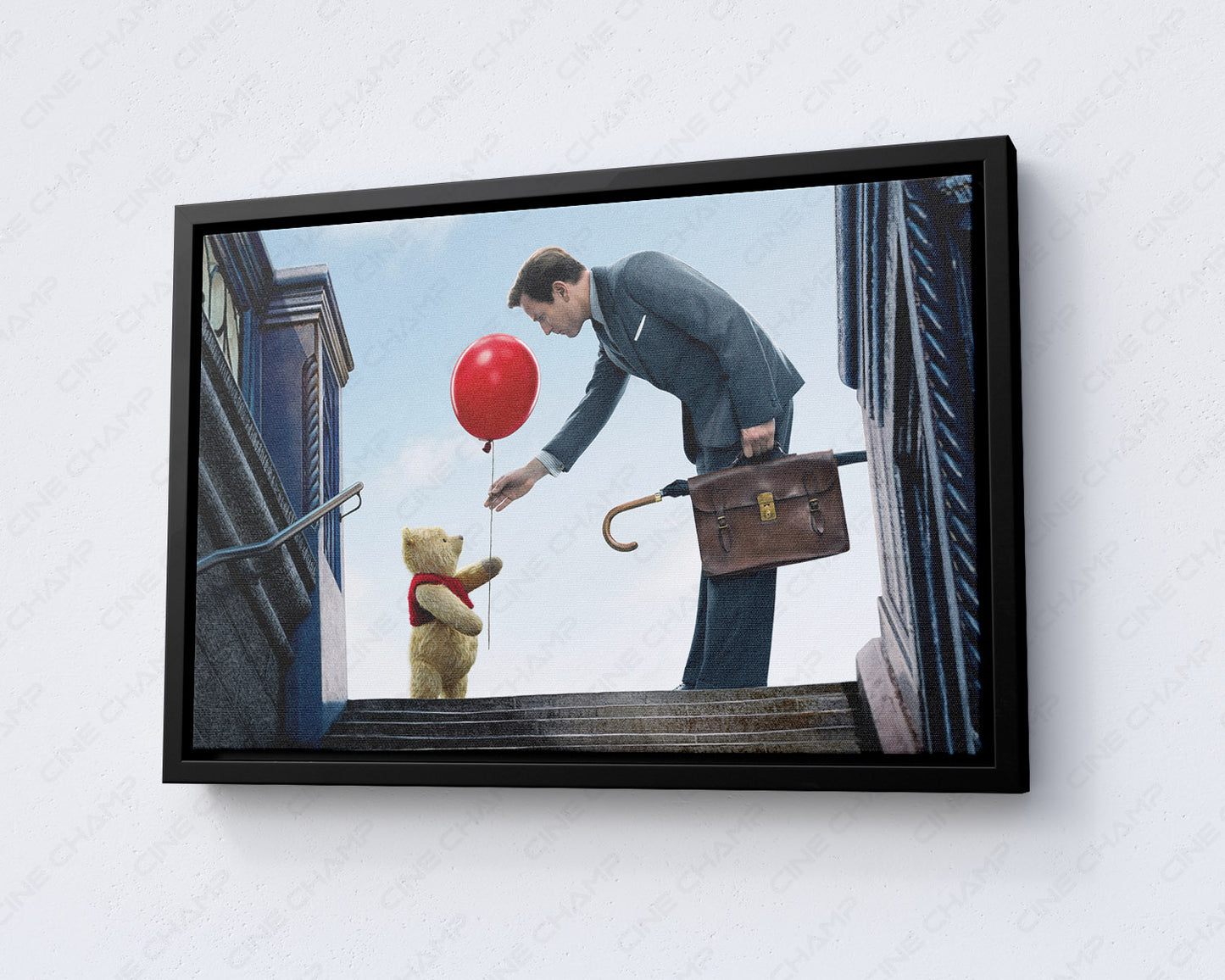Christopher Robin and Winnie the Pooh Canvas Print with Black Floating Frame for Modern Home and Family Room Decor