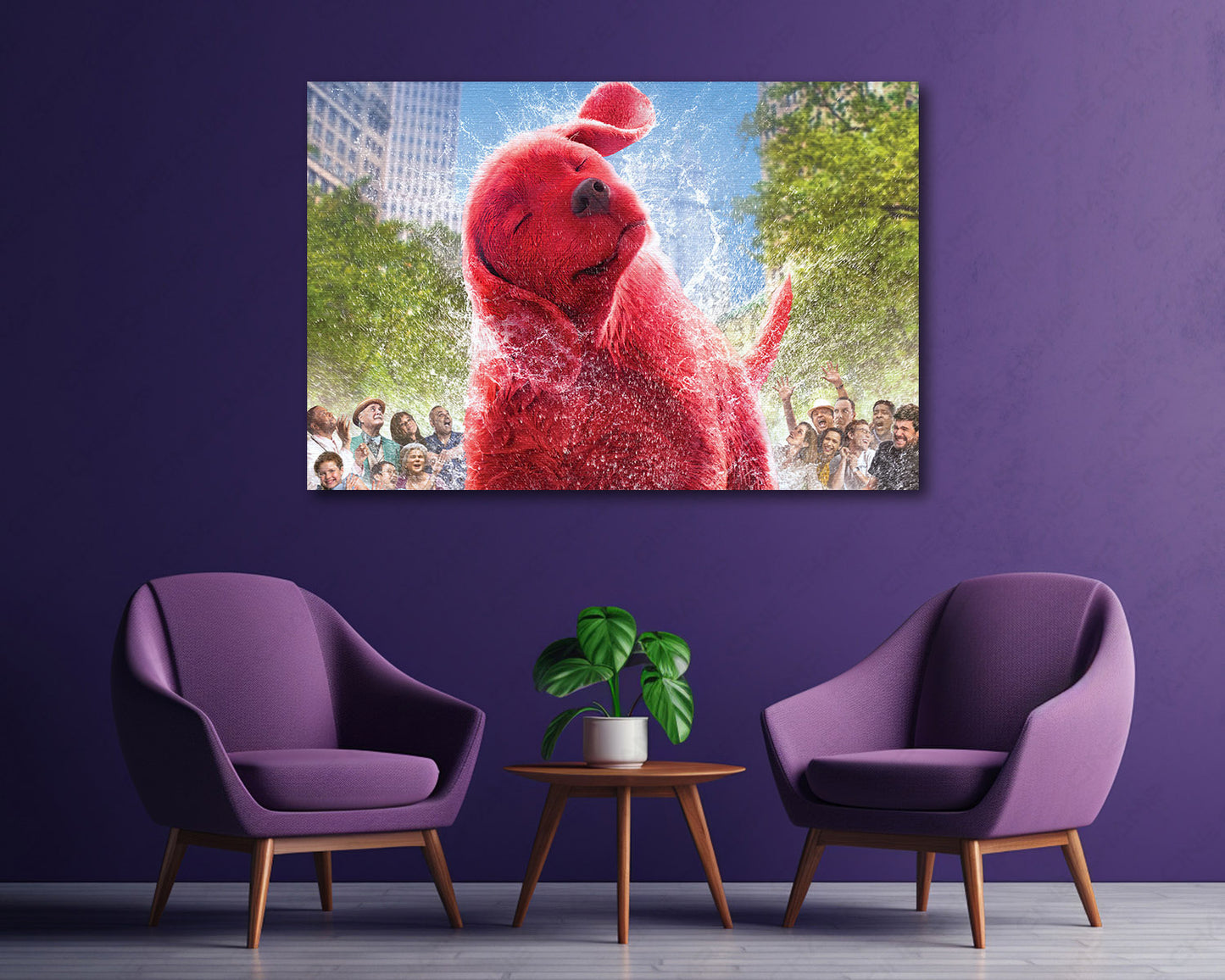Clifford the Big Red Dog Wall Art Above Accent Chair in a Modern Kids Room or Reading Space