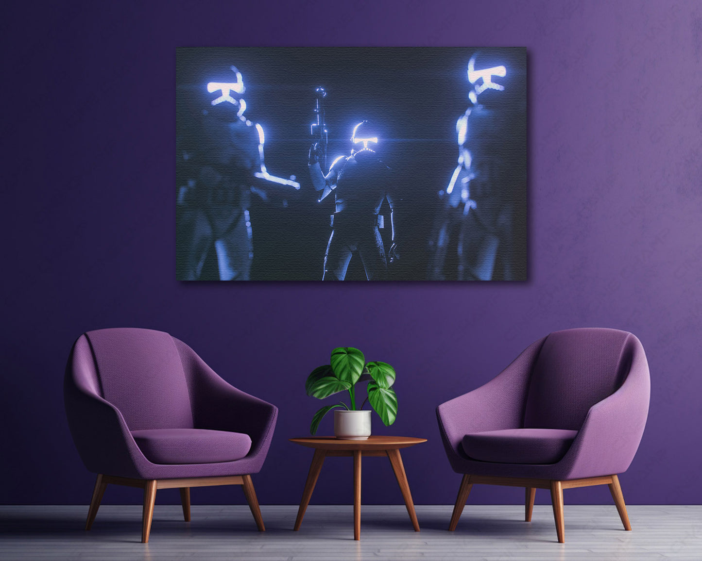 Clone Trooper Canvas Print Above Accent Chair in a Modern Movie Room or Gaming Space