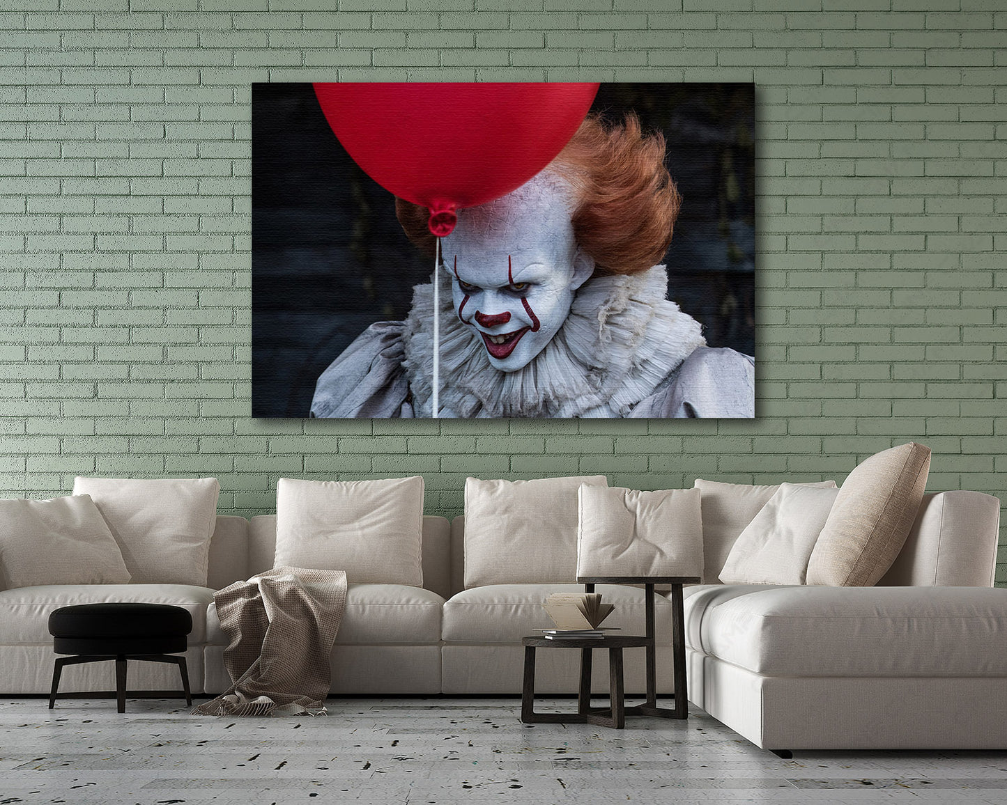 Clown Pennywise IT Canvas Print Displayed in a Modern Living Room
