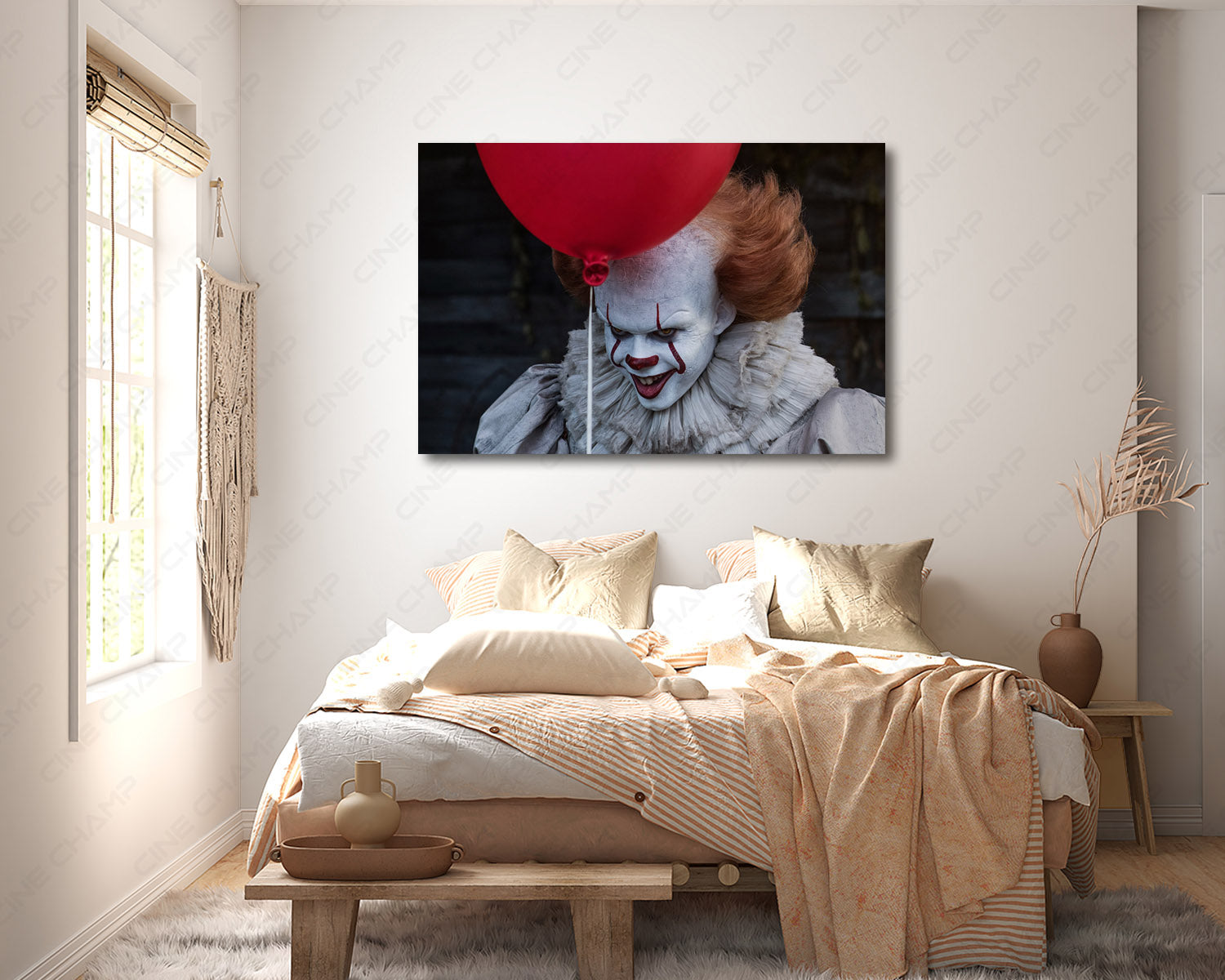 Clown Pennywise IT Canvas Print Above Bed in a Modern Bedroom