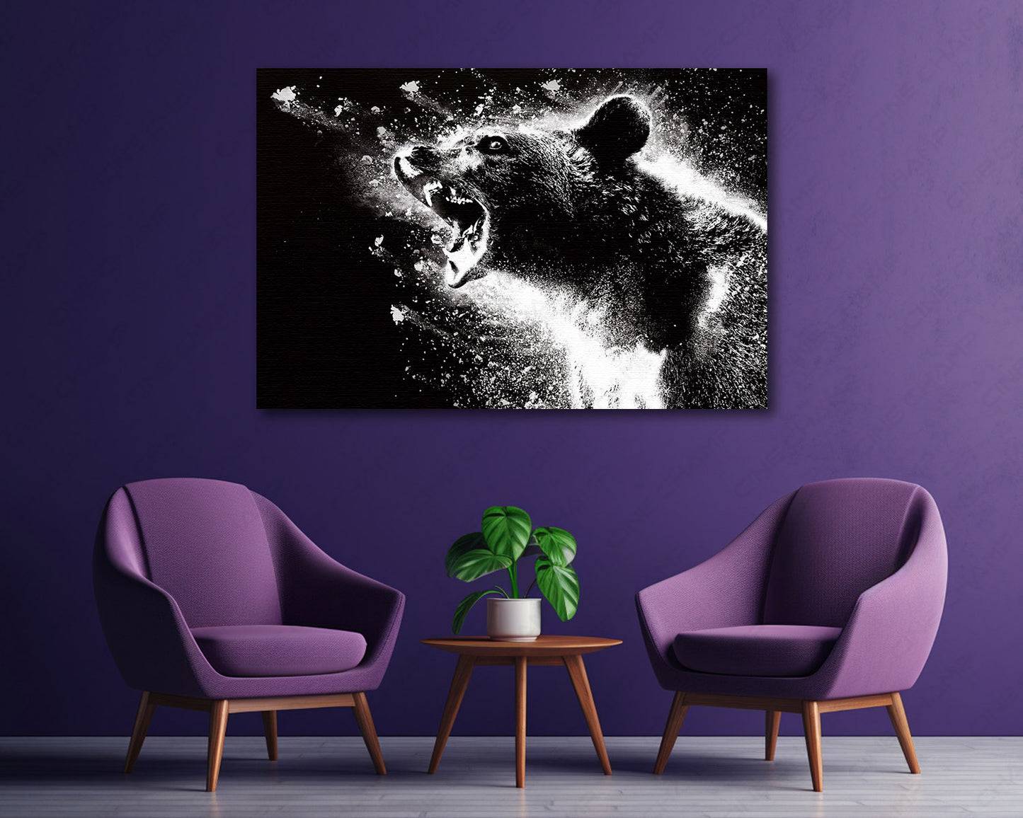 Cocaine Bear Canvas Print Above Accent Chair in a Modern Movie Room or Media Space