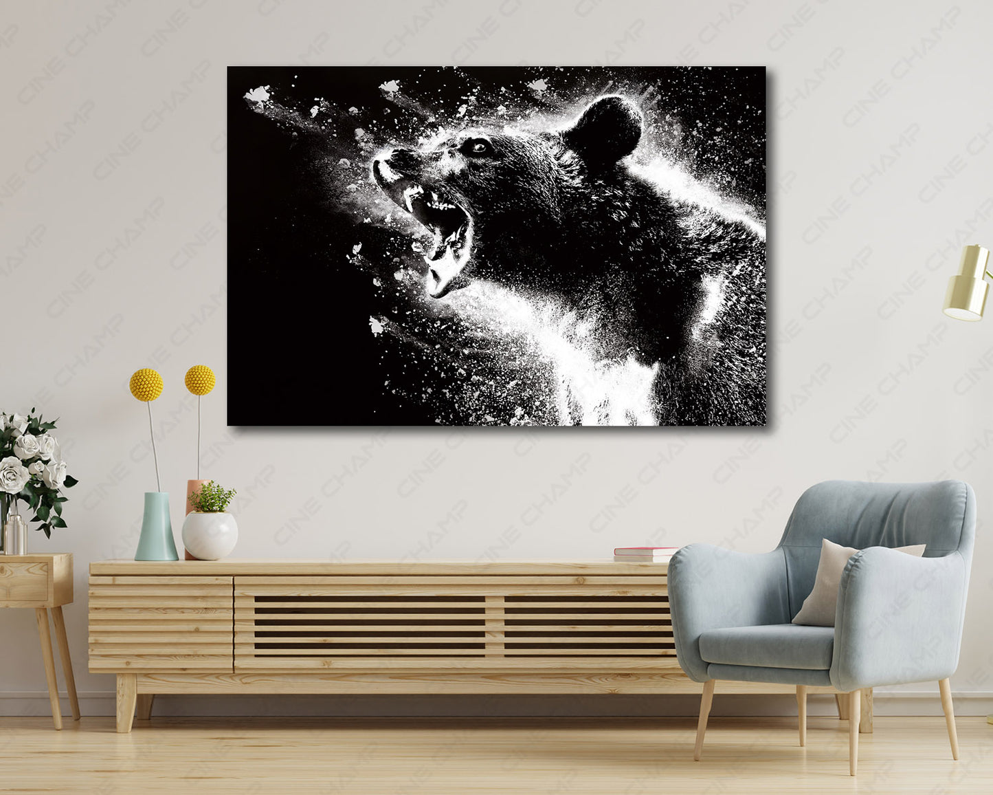 Cocaine Bear Canvas Print Displayed on a Cabinet Wall in a Modern Interior