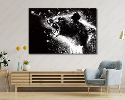 Cocaine Bear Canvas Print Displayed on a Cabinet Wall in a Modern Interior