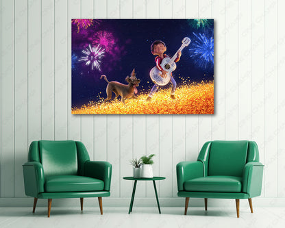 Coco Canvas Print Above Accent Chair in a Cozy Kids Room or Family Entertainment Space