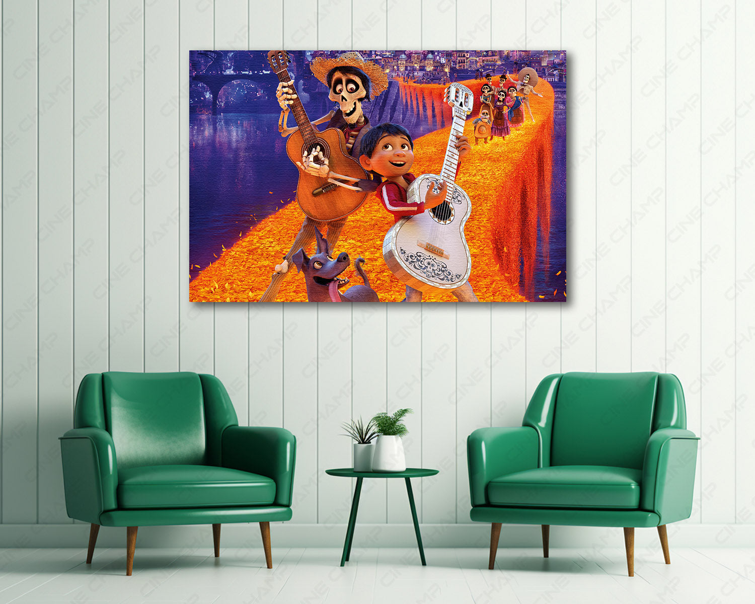 Coco Canvas Wall Art Above Accent Chair in a Cozy Kids Room or Family Entertainment Space