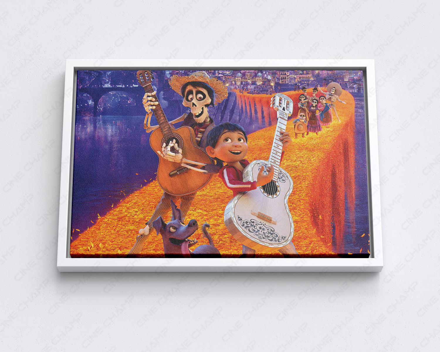 Coco Canvas Wall Art with White Floating Frame for Stylish Pixar-Themed Wall Decoration