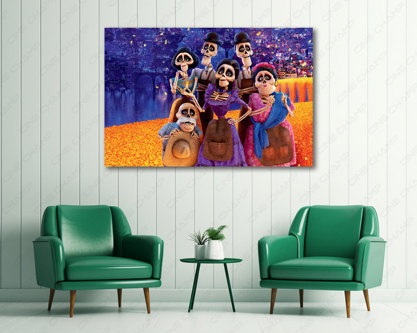 Coco Premium Canvas Print Above Accent Chair in a Cozy Kids Room or Family Entertainment Space