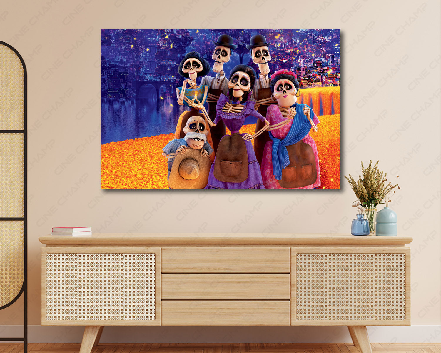 Coco Premium Canvas Print Displayed on a Cabinet Wall in a Modern Interior