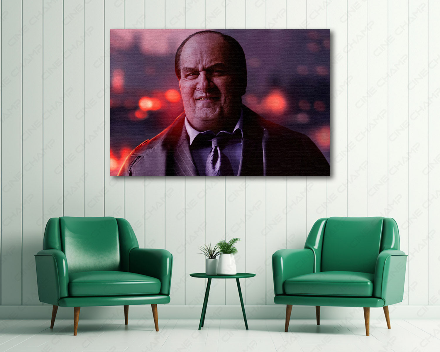 Colin Farrell as The Penguin in The Batman Canvas Wall Art Above Accent Chair in a Modern Movie Room or Man Cave