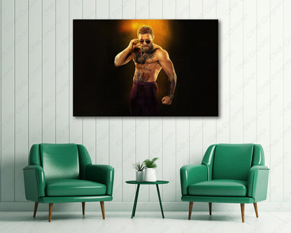 Conor McGregor in Road House Canvas Wall Art Above Accent Chair in a Modern Movie Room or Man Cave