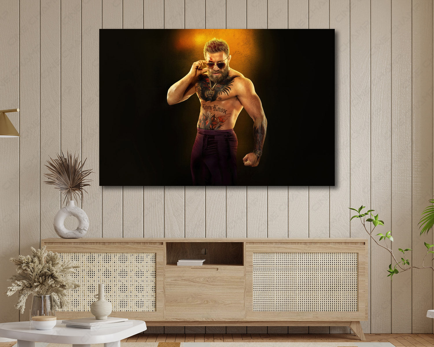 Conor McGregor in Road House Canvas Wall Art Displayed on a Cabinet Wall in a Modern Interior