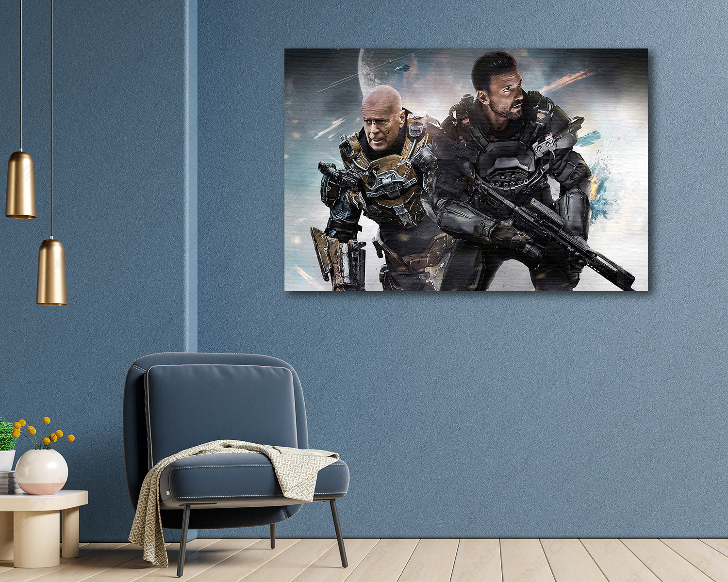 Cosmic Sin Canvas Print Above Accent Chair in a Modern Movie Room or Gaming Space