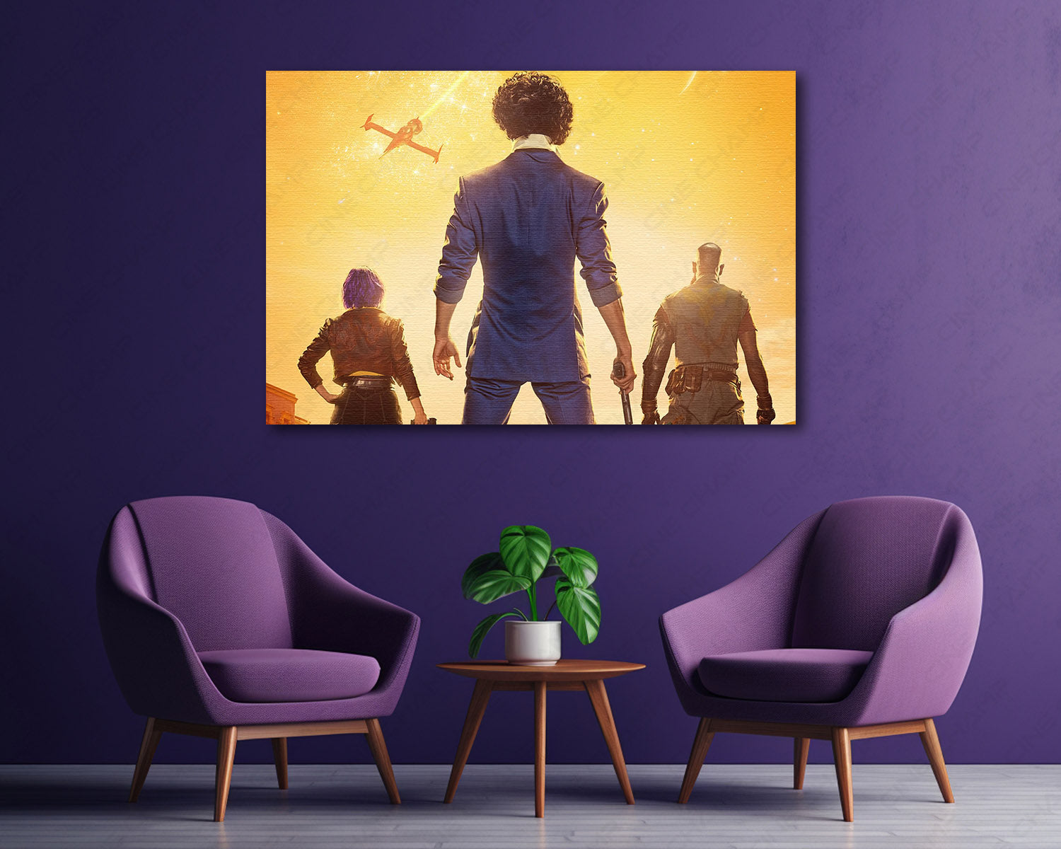 Cowboy Bebop Canvas Print Above Executive Desk in a Modern Corporate Office