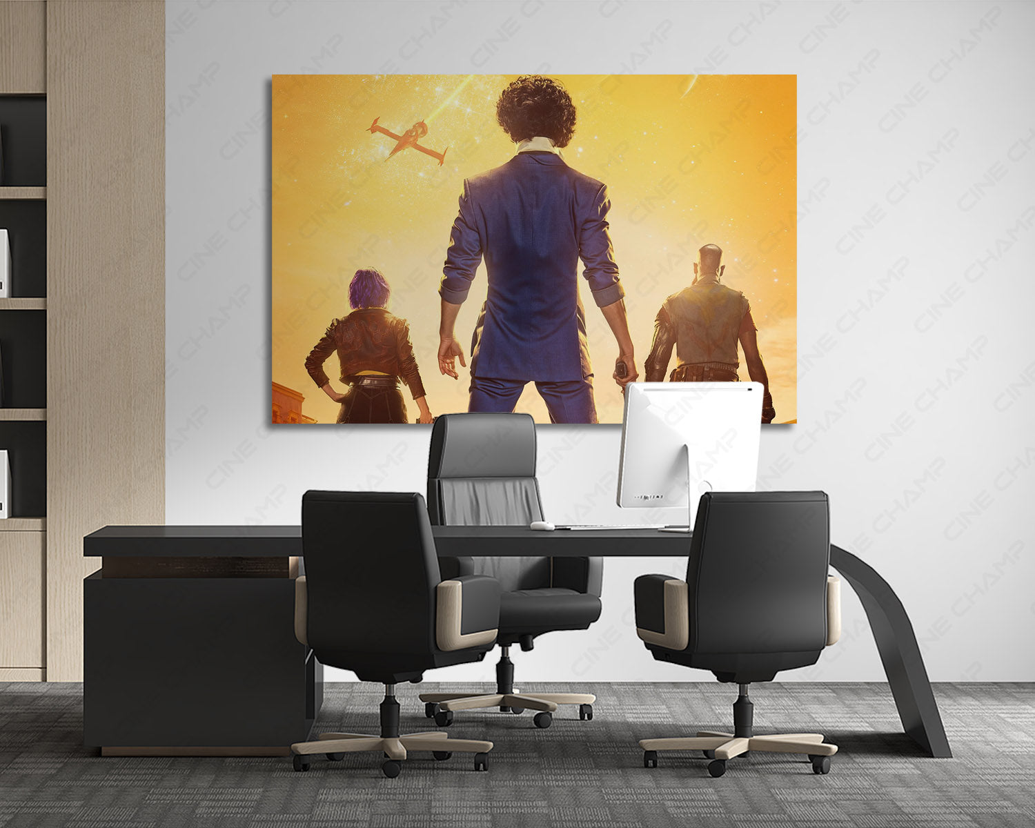 Cowboy Bebop Canvas Print Displayed in a Modern Executive Office with Contemporary Interior Design