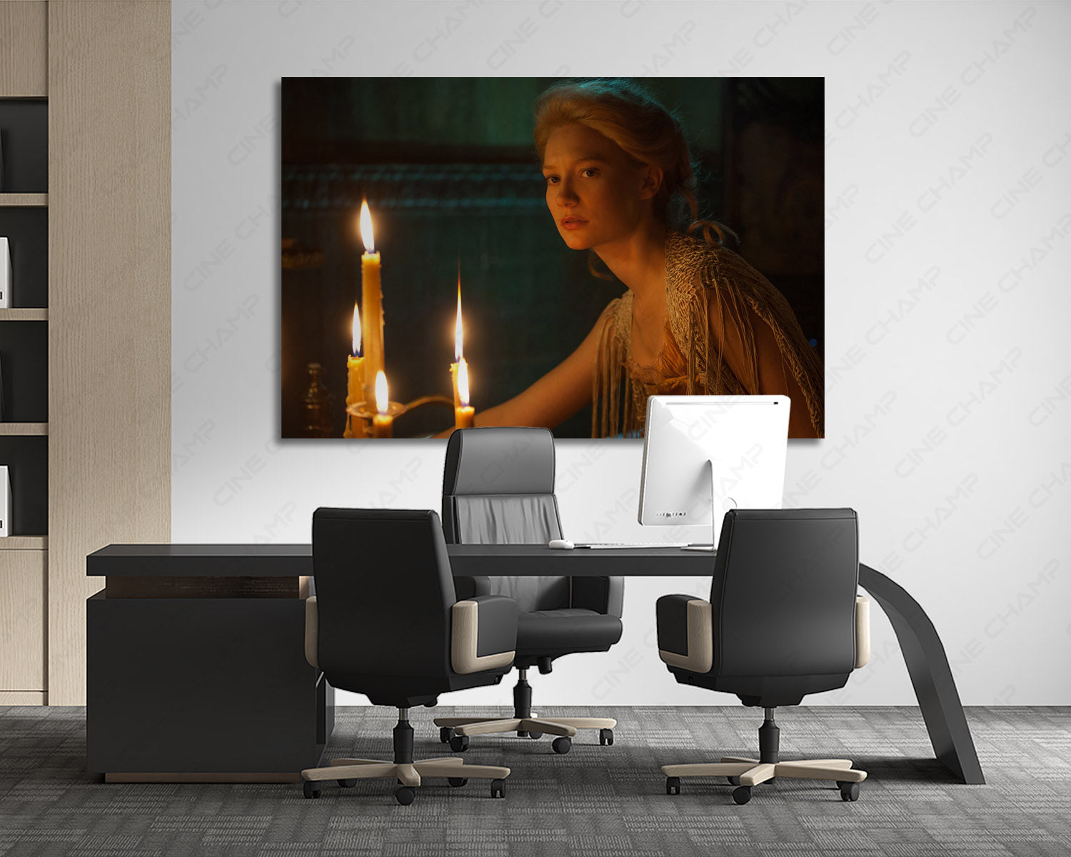 Crimson Peak Canvas Print Displayed Behind an Executive Office Desk in a Modern Workspace
