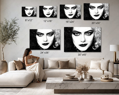 Cruella Canvas Print Available in Multiple Sizes for Living Room, Office, Bedroom, Home Theater, Media Room, and Fashion-Inspired Decor